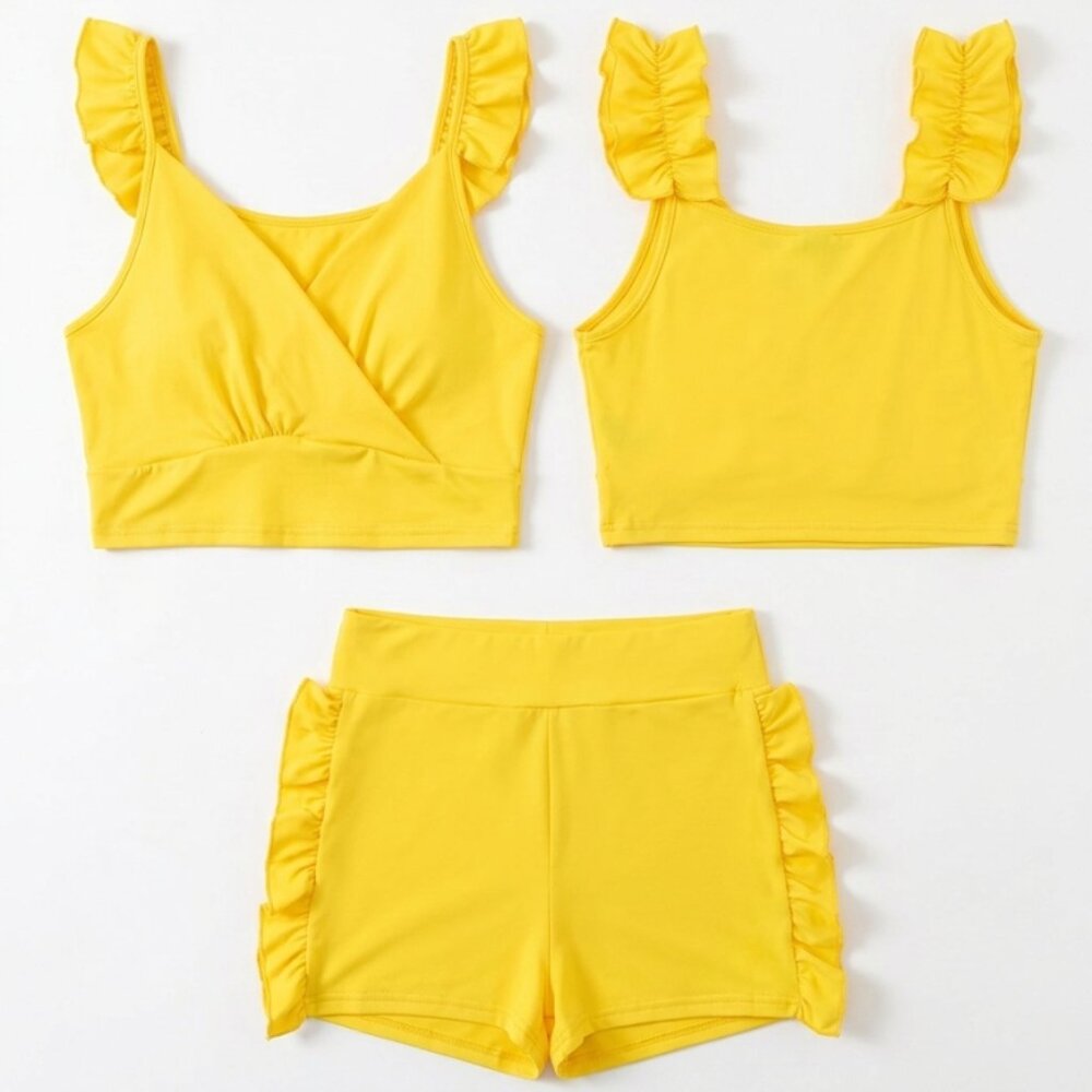 Vibrant Yellow Two-Piece Set - Ruffle Crop Top & High Waisted shorts - Size M - Picture 2 of 3